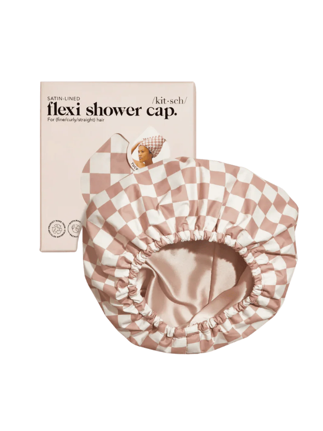 Satin Lined Flexi Shower Cap - Terracotta Checker